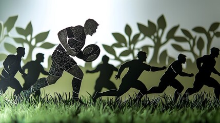 A dynamic layered paper cut style image depicting a rugby player holding the ball while their team engages in an action packed game on the field