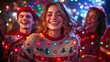 © Ingvar Shelly - friends at a holiday party compete in an ugly sweater contest, showcasing unique designs with blinking lights, holiday patterns, and festive decorations
