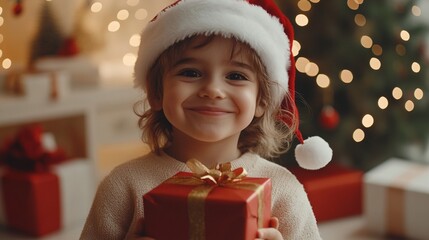 Wall Mural - Joyful child in Santa hat holding red gift box, beaming with excitement against backdrop of twinkling Christmas lights and festive decorations.