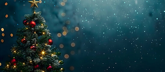 Poster - Christmas tree with decorations on a dark blue background with bokeh lights