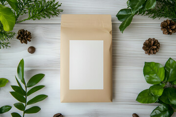 Wall Mural - Minimalist photography featuring a brown paper coffee pack surrounded by green leaves, pine cones, and coffee beans on a wooden surface