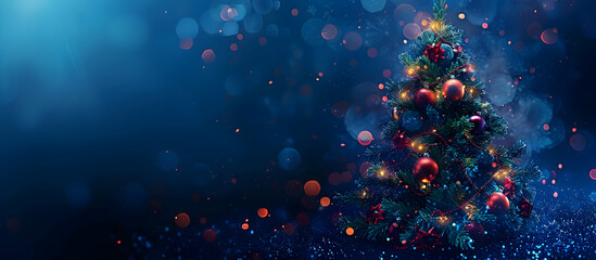 Poster - Christmas tree with decorations on a dark blue background with bokeh lights