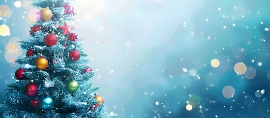 Poster - Christmas tree with colorful decorations on a blue background with bokeh lights