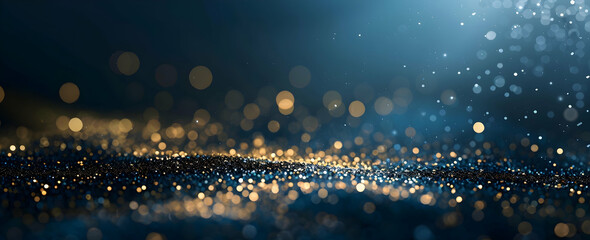 Poster - Abstract dark blue background with golden bokeh lights, stars, and particles