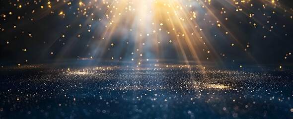 Poster - Abstract dark blue background with golden bokeh lights and stars
