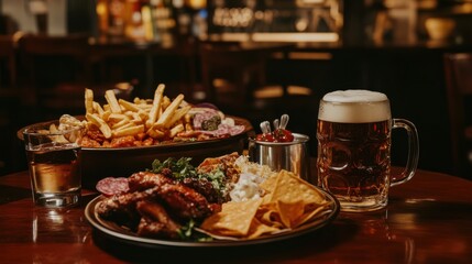 A cozy restaurant ambiance featuring two frothy beer mugs