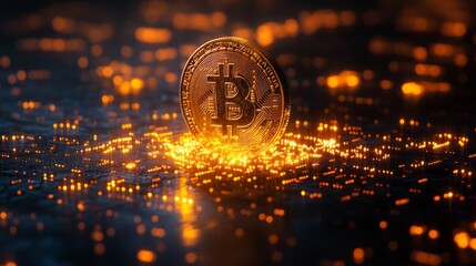 Aufkleber - A Bitcoin shines brightly atop a circuit board, surrounded by luminous digital particles, symbolizing the advancement and significance of cryptocurrency in modern finance.