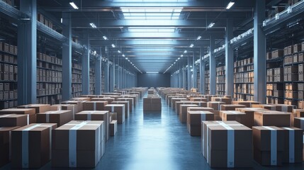 Poster - Interior of a vast warehouse filled with parcel boxes, capturing the essence of the online shopping experience
