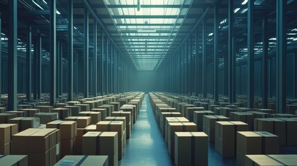 Poster - Interior of a vast warehouse filled with parcel boxes, capturing the essence of the online shopping experience