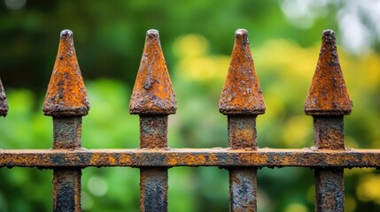 Wall Mural - Close-up of a fragment of rusty metal fence, highlighting the texture and character of the iron railing, perfect for compositions that require rustic and aged elements.