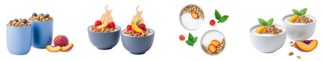 Poster - With almonds, peaches, honey, and granola in yogurt bowls.