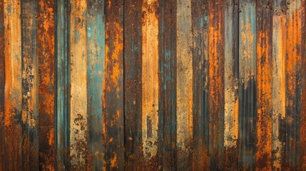 Wall Mural - Rusty corrugated steel fence serves as a textured wall, creating a unique visual appeal. This old corrugated steel fence offers intriguing patterns and colors, perfect for various compositions.