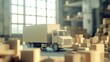 © P.G - Model of a delivery truck positioned near a cluster of cardboard boxes, set against a blurred background, emphasizing goods distribution