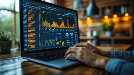 Aufkleber - A person is working on a laptop, examining graphs and data in a warm wooden office. The ambient light creates a relaxed atmosphere for focus and productivity.