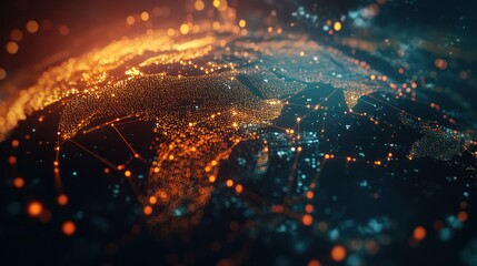 global digital map data world analysis internet network connection glows bright orange background wa