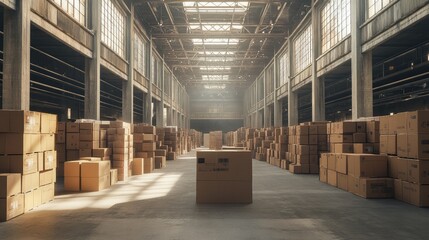 Poster - Spacious warehouse with parcel boxes piled high, illustrating the logistics involved in online shopping fulfillment