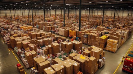 Poster - Spacious warehouse with parcel boxes piled high, illustrating the logistics involved in online shopping fulfillment
