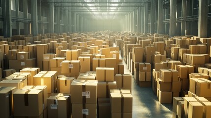 Poster - Wide view of a warehouse filled with countless parcel boxes, highlighting the impact of e-commerce on retail