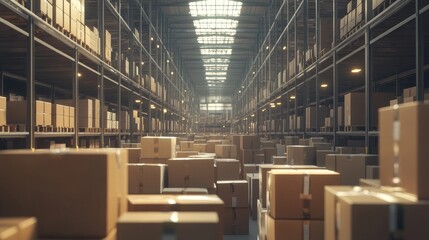 Poster - Wide view of a warehouse filled with countless parcel boxes, highlighting the impact of e-commerce on retail