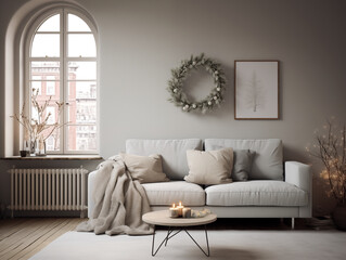 Christmas wreath on the wall in simple minimalist living room in neutral colors. Minimalist festive Christmas decor in interior.