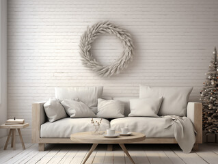 Christmas wreath on the wall in simple minimalist living room in neutral colors. Minimalist festive Christmas decor in interior.