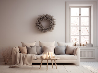 Christmas wreath on the wall in simple minimalist living room in neutral colors. Minimalist festive Christmas decor in interior.