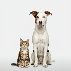 full-body image of a dog and a cat standing side by side on a transparent background, both looking up in the same direction with focused, curious expressions