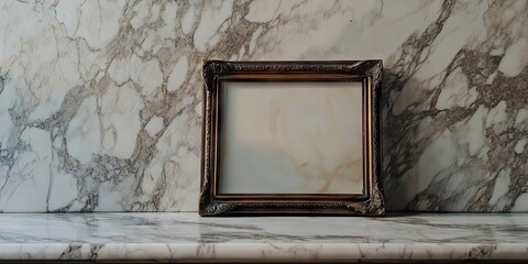 Wall Mural - An antique frame featuring glass rests atop a marble countertop, showcasing its design against the elegant marble texture below.