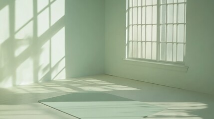 A serene, minimalistic room with soft light and shadows, ideal for mindfulness or yoga.