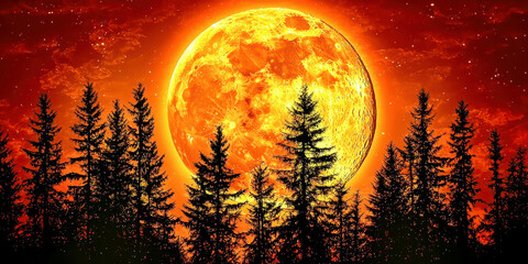 Wall Mural - A large orange moon is in the sky above a forest of trees