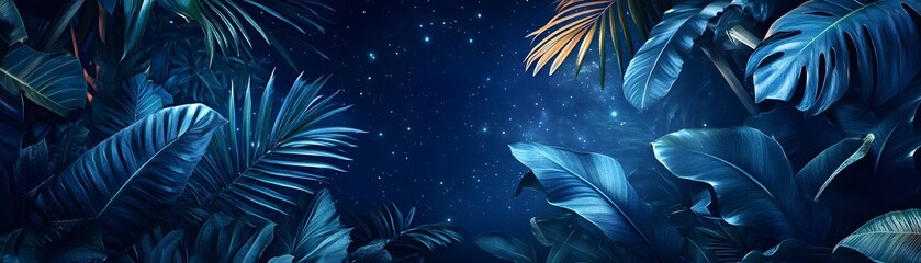 Blue Tropical Leaves Against a Starry Night Sky