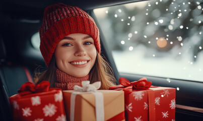 Smiling woman with Christmas gifts in car