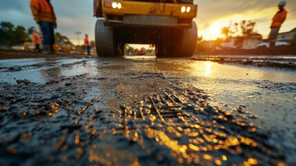 Poster - As the sun sets, construction workers operate heavy machinery to pave a new road, creating a smooth surface amidst a busy urban environment.