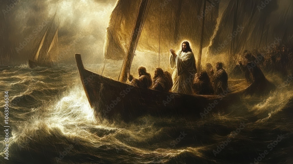 powerful scene of Jesus calming the storm on the Sea of Galilee ...