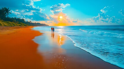 Wall Mural - a couple walking on the beach at sunset