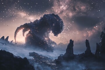 Wall Mural - a colossal creature emerges from a cosmic landscape, surrounded by stars and rocky formations.