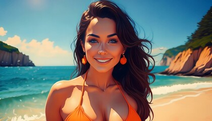 Wall Mural - portrait of a brunette woman wearing an orange swimwear bikini on the beach