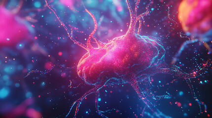 Poster - Witness a vibrant 3d rendering of a firing neuron in the human nervous system, showcasing the beauty and complexity of brain function