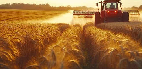 A tractor is driving through the wheat field, spraying water on it.