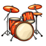 Bright orange cartoon drum set in a playful style, cut out transparent