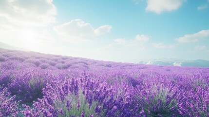 Expansive lavender field in full bloom with vibrant purple hues stretching to the horizon, set against a clear, blue sky in a refreshing, cool-climate atmosphere.