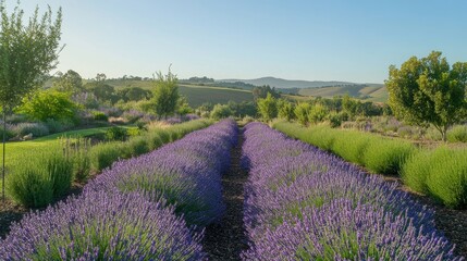 Rows of fragrant lavender blossoms fill the landscape with vivid purple tones under a bright, cloudless sky, evoking a peaceful, crisp ambiance typical of cooler regions.