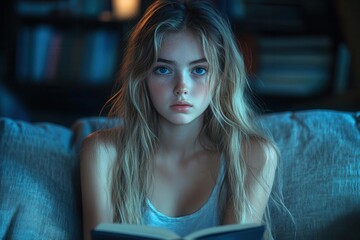 gloomy portrait of a teenage girl sitting alone on a couch in dim light expressing feelings of isolation and emotional distress surrounded by personal items that amplify her solitude