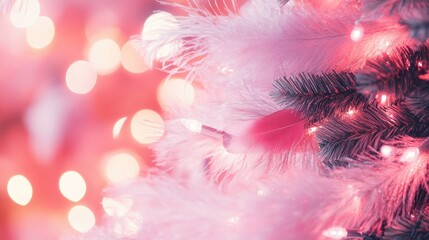 Wall Mural - Pink feathers and LED lights create a dreamy bokeh effect, perfectly blending with a Christmas background, ideal for festive-themed designs and creative projects, with a touch of elegance.