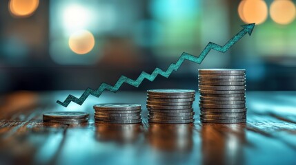 Aufkleber - Coins are arranged in ascending stacks, illustrating financial growth and success. The backdrop features a blurred warm light, enhancing the theme of prosperity.