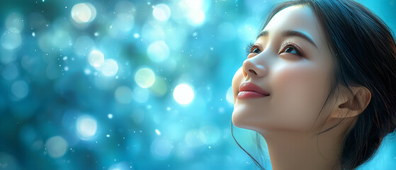 Aufkleber - woman gazes upward with serene expression, surrounded by dreamy, blue bokeh background. Her side profile is highlighted, capturing sense of tranquility and wonder