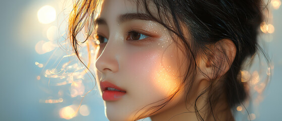 Aufkleber - woman with glowing skin and sparkling makeup gazes thoughtfully into distance, her hair softly illuminated by warm, golden light