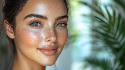 Poster - woman with glowing skin and freckles smiles softly, surrounded by lush greenery, creating serene and natural atmosphere