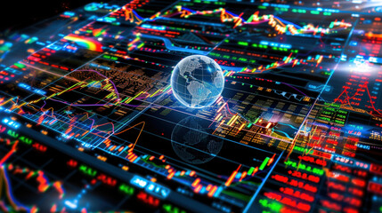 Aufkleber - Digital financial chart with globe overlay, showcasing vibrant data visualizations and market trends. This captures essence of global finance and analytics