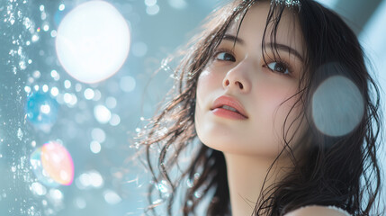 Aufkleber - woman with wet hair gazes softly, surrounded by bokeh lights, creating dreamy atmosphere. soft focus and gentle lighting enhance serene mood of portrait